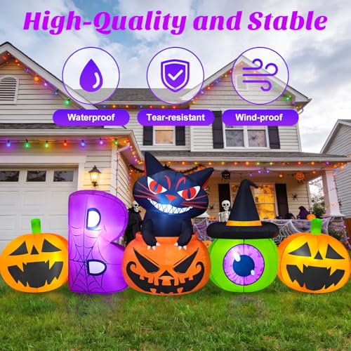 Colorful 8FT Halloween Inflatable Pumpkin with Black Cat Yard Decor