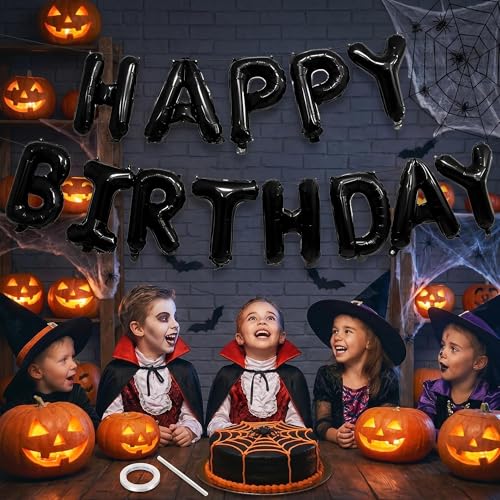 Black 16in Happy Birthday Balloons Banner for Party Decorations
