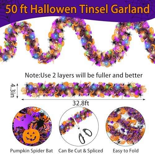 32FT Halloween Tinsel Garland with LED Lights - Pumpkin, Spider, Bat Decorations for Indoor Outdoor Parties