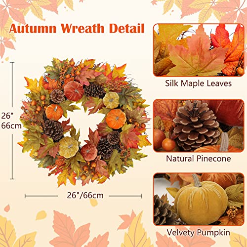 Fall Wreath 26 Inches - Autumn Velvet Pumpkin & Maple Leaf Front Door Decor - Large Harvest Thanksgiving Halloween Wreath - Briful Variation