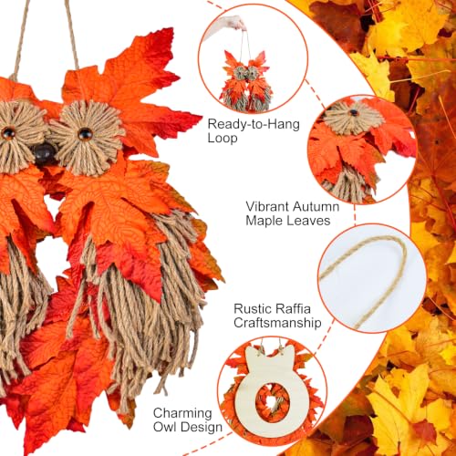 Autumn Owl Wreath for Front Door - Handcrafted Fall Seasonal Decor 14x9 in