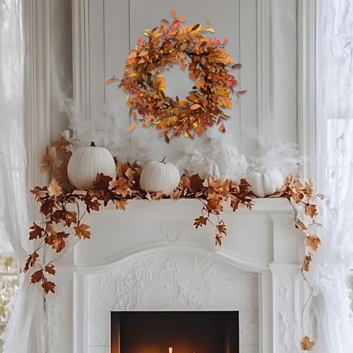 24-Inch Fall Wreath with Orange Pumpkins & Leaves - Handmade Autumn Door Decor