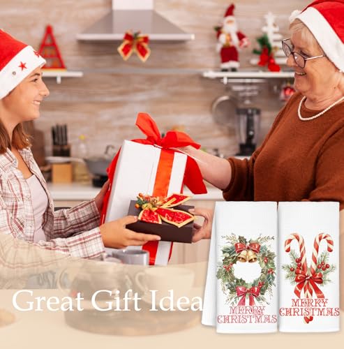 Pink Bow Christmas Kitchen Towels Set of 2 - Holiday Wreath & Candy Cane Decor, 16x24 Inches