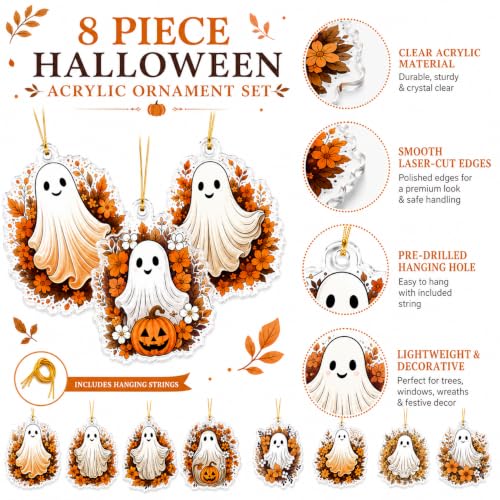 Fall Ghost Flower Halloween Thanksgiving Tree Ornaments - 8 Pcs, Acrylic, Indoor Decor