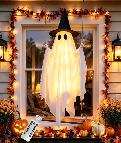 5 FT Hanging Ghost Halloween Decor with Witch Hat, LED Lights & Remote, Outdoor Indoor Yard Tree Porch Ornament - 1pc