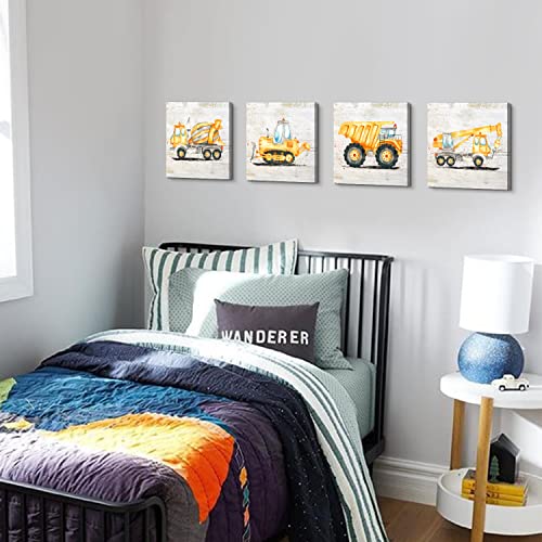 Kids Construction Truck Wall Art Set - 14x14 Inches for Boys Room Decor