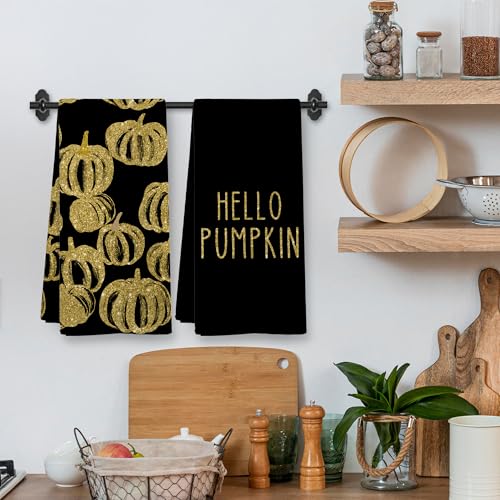 Fall Hello Pumpkin Black Kitchen Towels Set - Gold Pumpkin Decor, 16x24 Inch