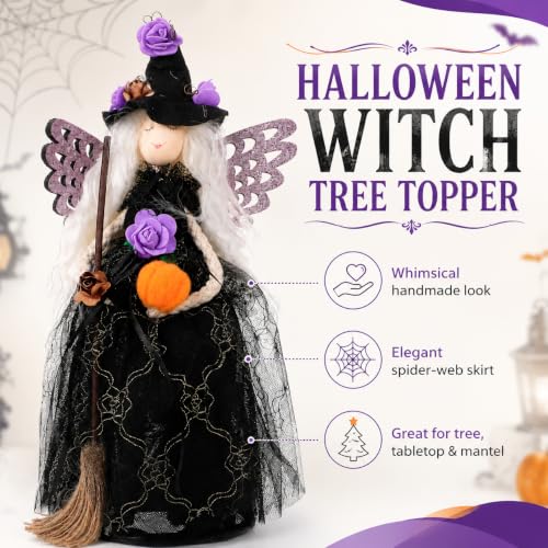 Halloween Witch Tree Topper Decoration - 11 Inch Black Witch with Spider Web Skirt - Multicolor Variant