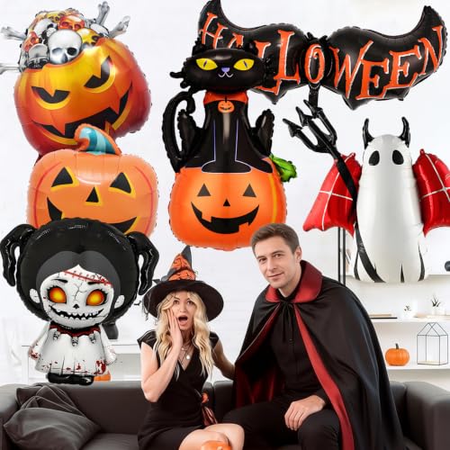 Halloween Foil Balloons Set with Ghost, Pumpkin, Skull & Cat Decorations