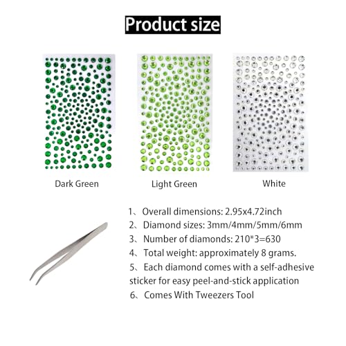 Self-Adhesive Face Rhinestone Stickers Set2 - Green, White, Red for Halloween & Makeup