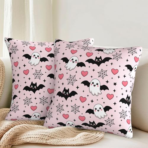 Halloween Pink Ghost Bats Heart Throw Pillow Covers Set of 2 18x18 Inch Decorative Cushion Cases for Sofa Couch Bed