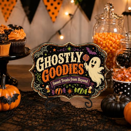 Halloween Candy Buffet Wooden Sign - Ghostly Goodies & Treats - 5x7 Inches with Stand - Festive Fall Decor - A01