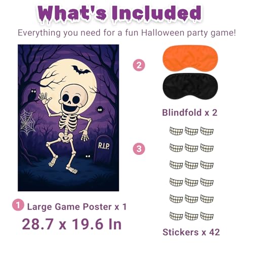 Halloween Skeleton Pin the Teeth Party Game with Sticker Poster and Blindfolds