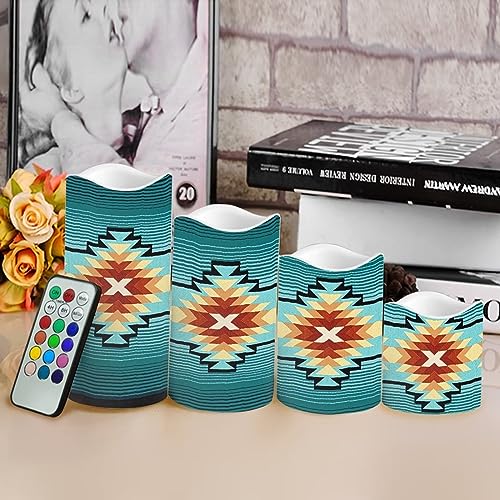 Southwest Native American Triba Flameless Candles Set with Remote - Color Changing & Timer - 4 Pack