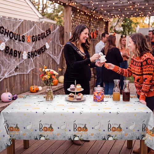 Halloween Baby Shower Tablecloth Set - 3 Pc Neutral Ghost Pumpkin Design - Little Boo