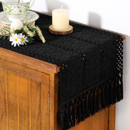 Boho Table Runner Fall Farmhouse Rustic Dresser Scarf - Black 12x60
