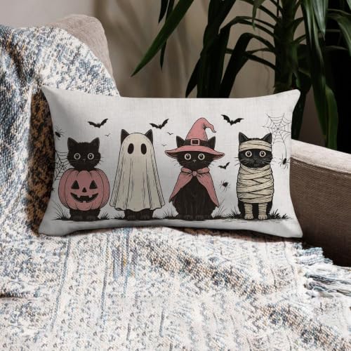 Halloween Pillow Cover 12x20 Black Cats Bats Autumn Decor - Pink & Black Variation