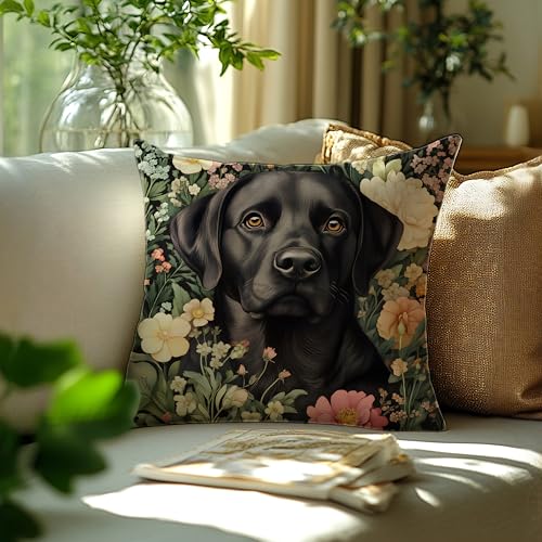 Labrador Retriever Floral Decor Pillow Cover 18x18 - Rustic Botanical Home Accent
