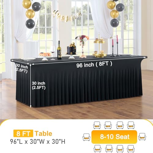 Black 8ft Spandex Tablecloths for Rectangle Tables, Wrinkle-Free Fitted Covers - 8 Pack