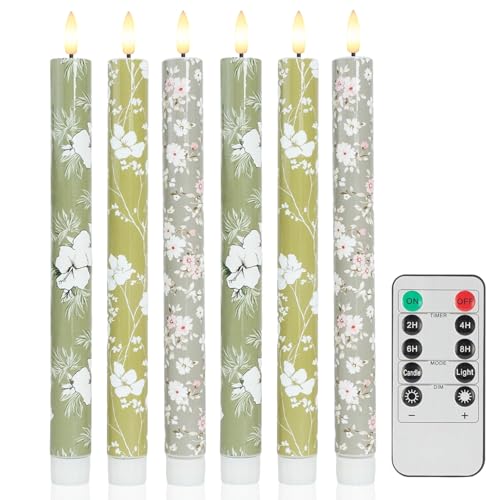 Green Flameless Taper Candles with Remote Timer 10 Inch - 6 Pack with Variation 10.5FT Floral Green