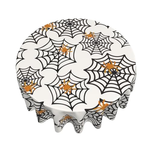 Halloween Black Spider Web Round Tablecloth 70 Inches with Gold Spiders - Spooky Party Decor