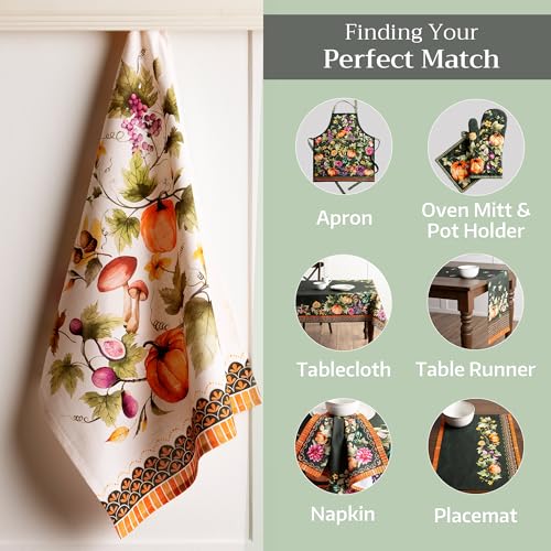 Pumpkin Garden Dark Green Kitchen Towel Set of 3 - Fall Thanksgiving Decor