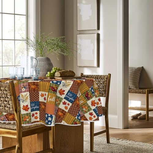 Round Fall Tablecloth 90x90 Inch Autumn Maple Leaves Wheat Caramel