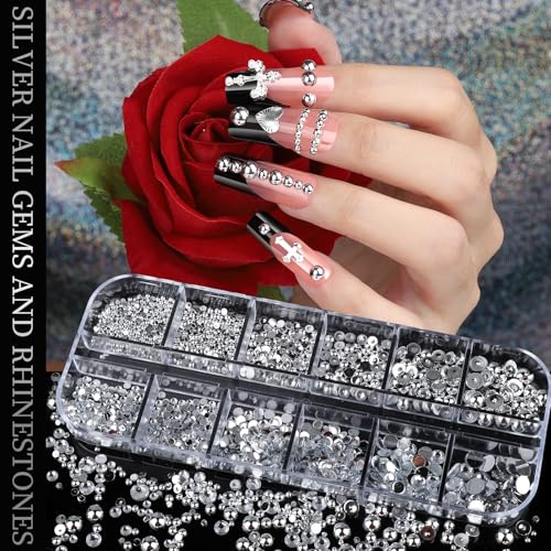 Teenitor Silver Nail Charms & Gems Kit - 4 Boxes Nail Art Accessories
