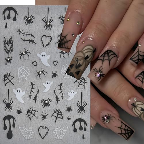 Halloween Crystal Diamonds Spider Web Nail Stickers - Self-Adhesive 3D Decals, Ghost & Bloody Design, 4 Sheets