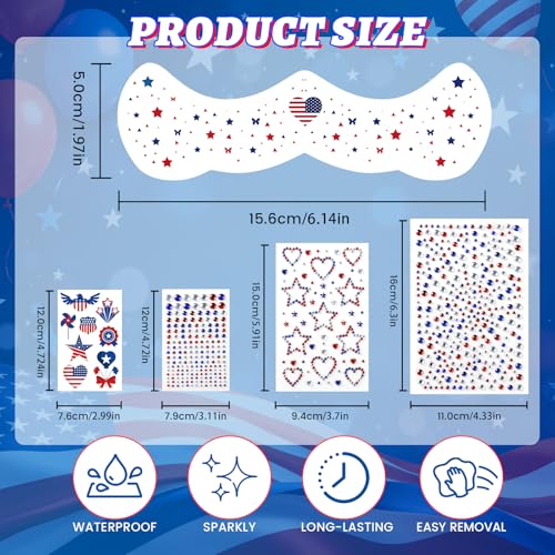 4th of July Makeup Set with Glitter Freckles Face Tattoos & Gems - Variation of Set A