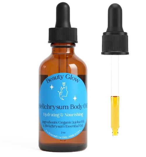 Beauty Glow Helichrysum Essential Oil for Skin Veins Bruises & Organic Jojoba Oil for Face & Body Moisturizer Pre-Mixed Skin Healing, Anti-Aging, Vegan, Hydrating & Moisturizing Body Oil Serum 2 oz