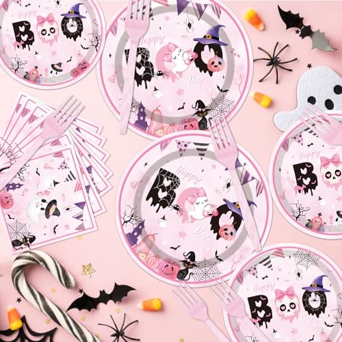 Happy Boo Day Halloween Party Disposable Tableware Set for 24 Guests - Pink Ghost & Pumpkin Design