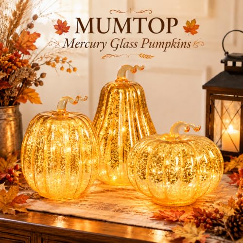 Lighted Mercury Glass Pumpkins Set - Gold Halloween Fall Decor 3pcs