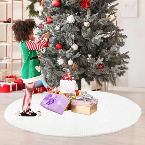60 Inch Faux Fur White Christmas Tree Skirt with Stripe Pattern - Large Holiday Decor - Variation 60