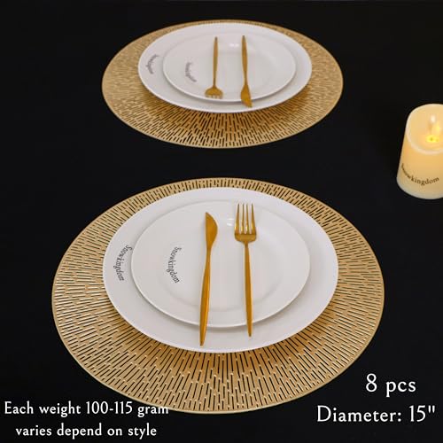 Gold Round Placemats Set of 8 - 15 Inch Vinyl Table Mats for Dining & Weddings - Easy Clean & Non Slip
