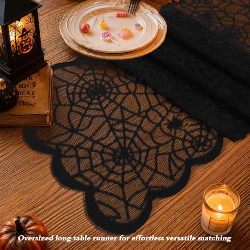 Halloween Black Lace Spider Web Table Runner 13x70 Inch - Spooky Decor