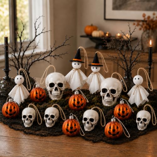 Halloween Tree Decorations 16 Pack Ghost Pumpkin Skull Ornaments Set