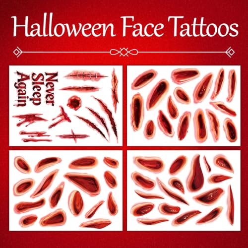 Halloween Fake Blood & Face Scars Makeup Kit with Temporary Tattoos for Adults