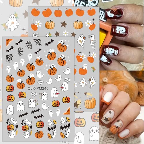 Halloween Nail Art Stickers - 3D Pumpkin Ghost Spider Web Bats Decals, Self-Adhesive, 8 Sheets - Halloween Edition