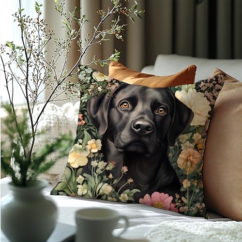Labrador Retriever Floral Decor Pillow Cover 18x18 - Rustic Botanical Home Accent