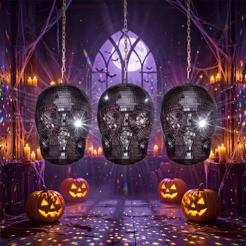 Disco Halloween Skull Decor Set - Black Hanging Mirror Mosaic Ornaments, 6.9 x 4.3 Inches, 3 Pack
