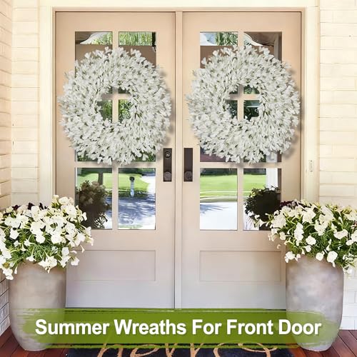 Spring Wreath for Front Door - 26 Inch Artificial Forsythia, All Season Outdoor Decor - White-R