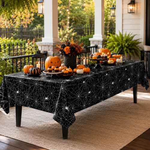 Merriva Black Spider Web Halloween Plastic Tablecloth Set - Disposable 54x108 Inch Rectangular Cover with Spooky Cobweb & Spider Print, 3 Pieces