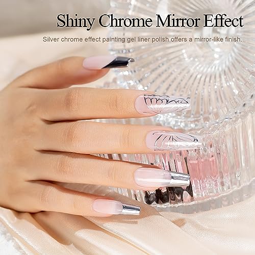Metallic Silver Nail Art Gel Liner with Thin Brush - Mirror Chrome Effect 8ml