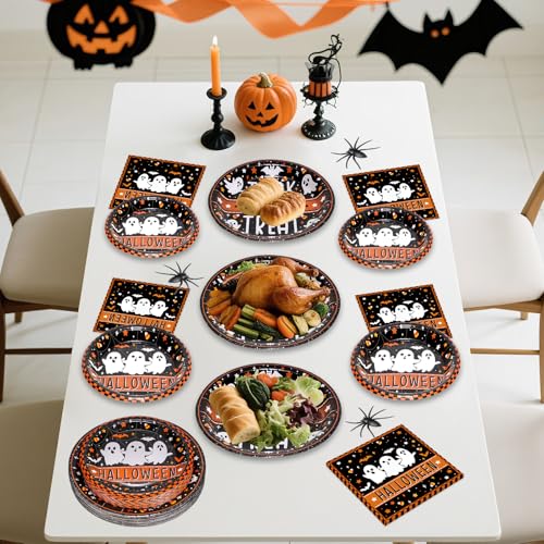 Halloween Ghost Party Plates & Napkins Set - Black & Orange, 150 Pcs