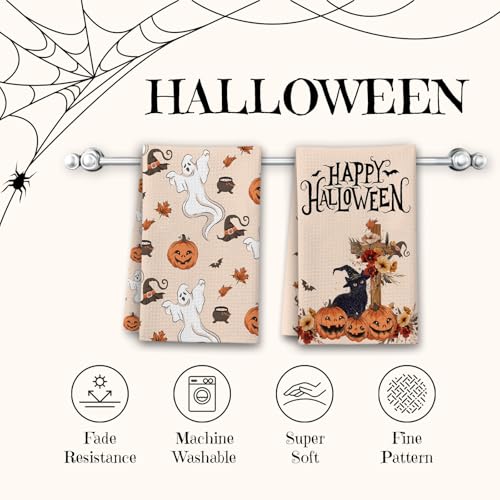 Halloween Kitchen Towels Set - Black Cat Pumpkins & Ghosts - Color 2
