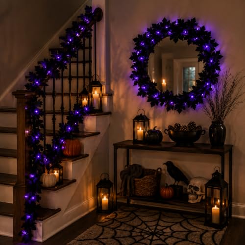 Black Halloween Garland with Purple String Lights - 6FT Battery Operated Decor
