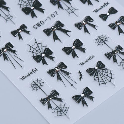 Halloween Nail Art Stickers Decals 2 Sheets C8 Spider Web & Bow Pattern - Black 5D Embossed Tips Decoration