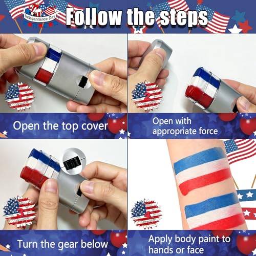3 Pack Red White Blue Face Body Paint Sticks for 4th of July Sweatproof & Long-Lasting