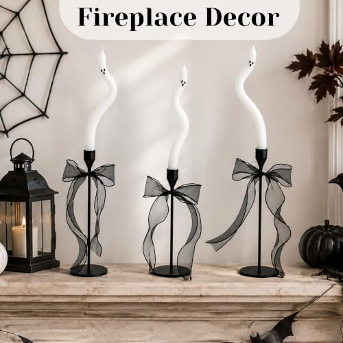 Ghost Candles with Candleholder - 3pcs Halloween Indoor Decor Set with Ribbons